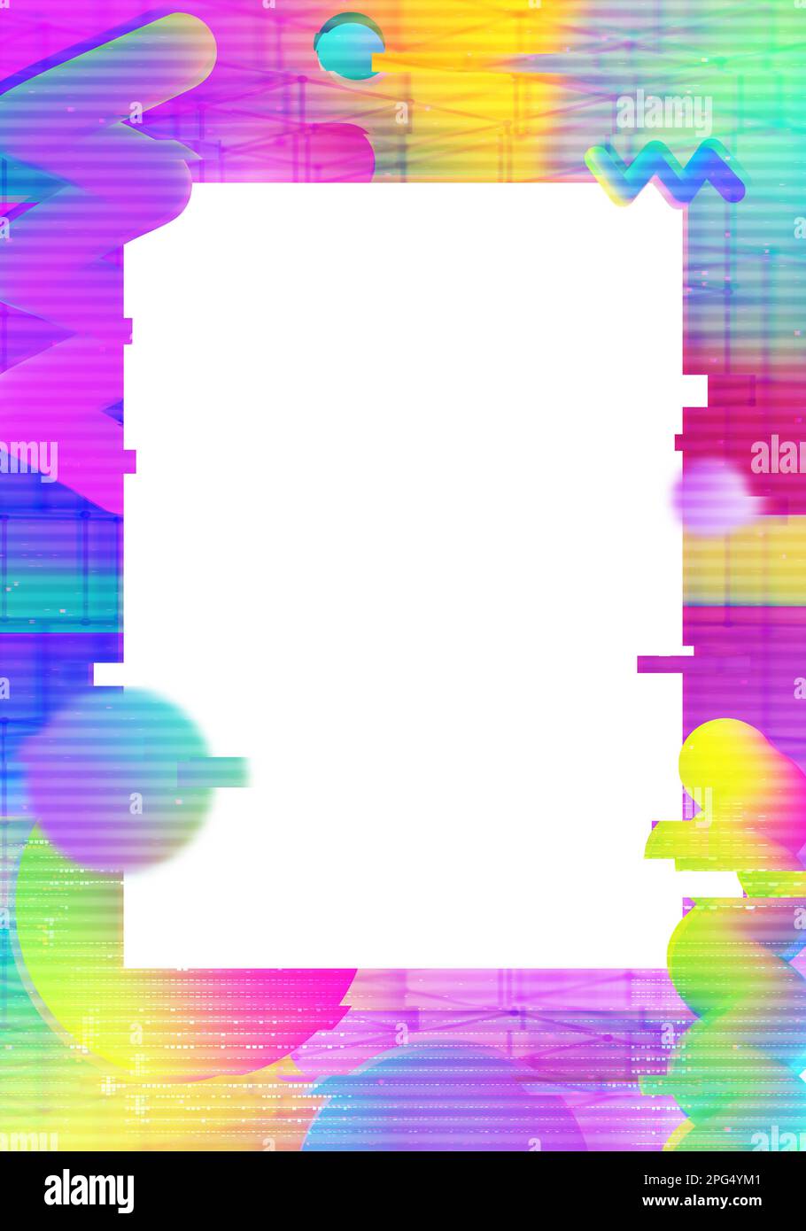 Cadre de maquette créatif Supromatic avec formes liquides contemporaines de memphis et objets de glitch VHS. Bordure holographique vive et espace de copie blanc vierge Banque D'Images Cadre de maquette créatif Supromatic avec formes liquides contemporaines de memphis et objets de glitch VHS. Bordure holographique vive et espace de copie blanc vierge Banque D'Images