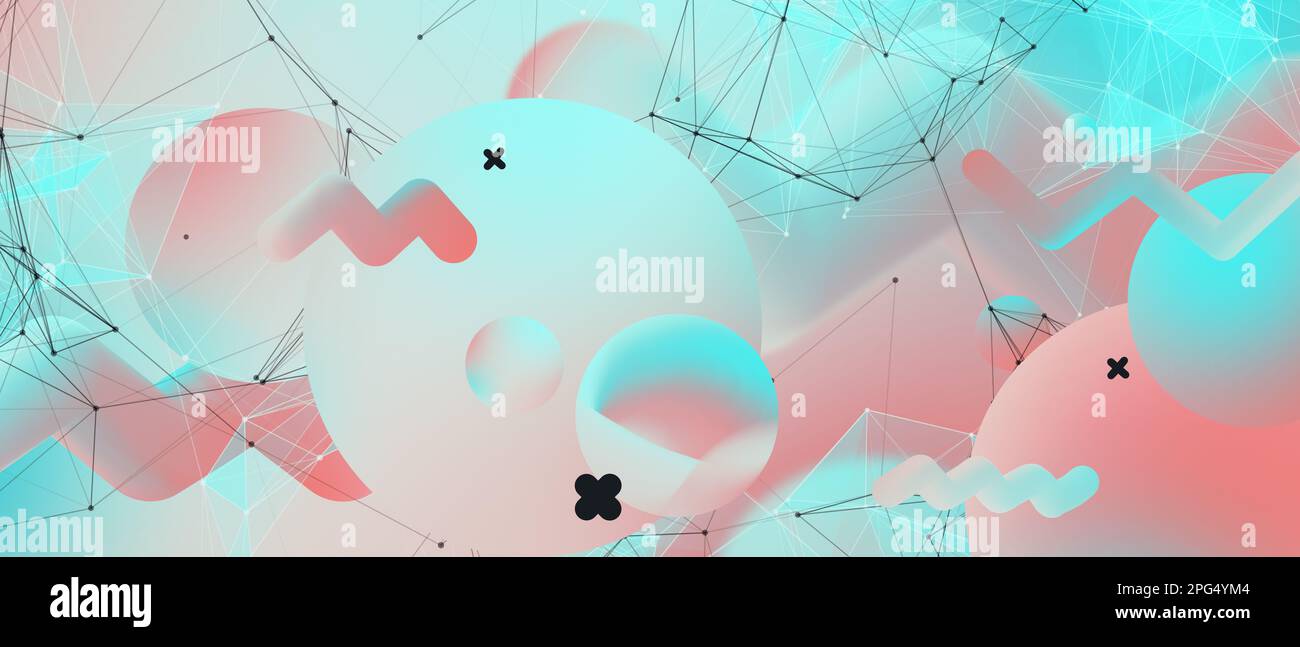 Arrière-plan spectral tendance avec formes amorphes primitives holographiques et maillage polygonal triangulaire. Modèle moderne à motif abstrait. Banque D'Images