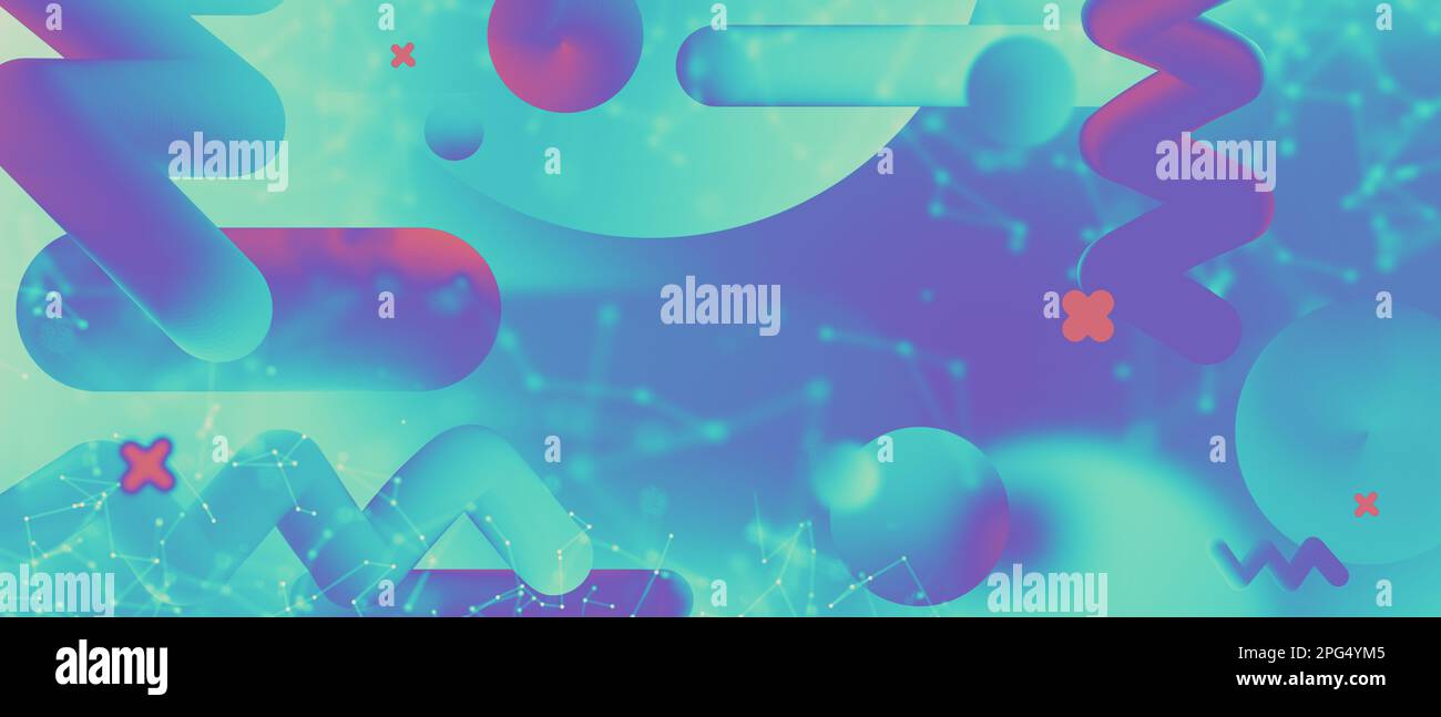 Arrière-plan coloré avec formes amorphes primitives holographiques et maillage polygonal triangulaire. Modèle moderne à motif abstrait. Banque D'Images