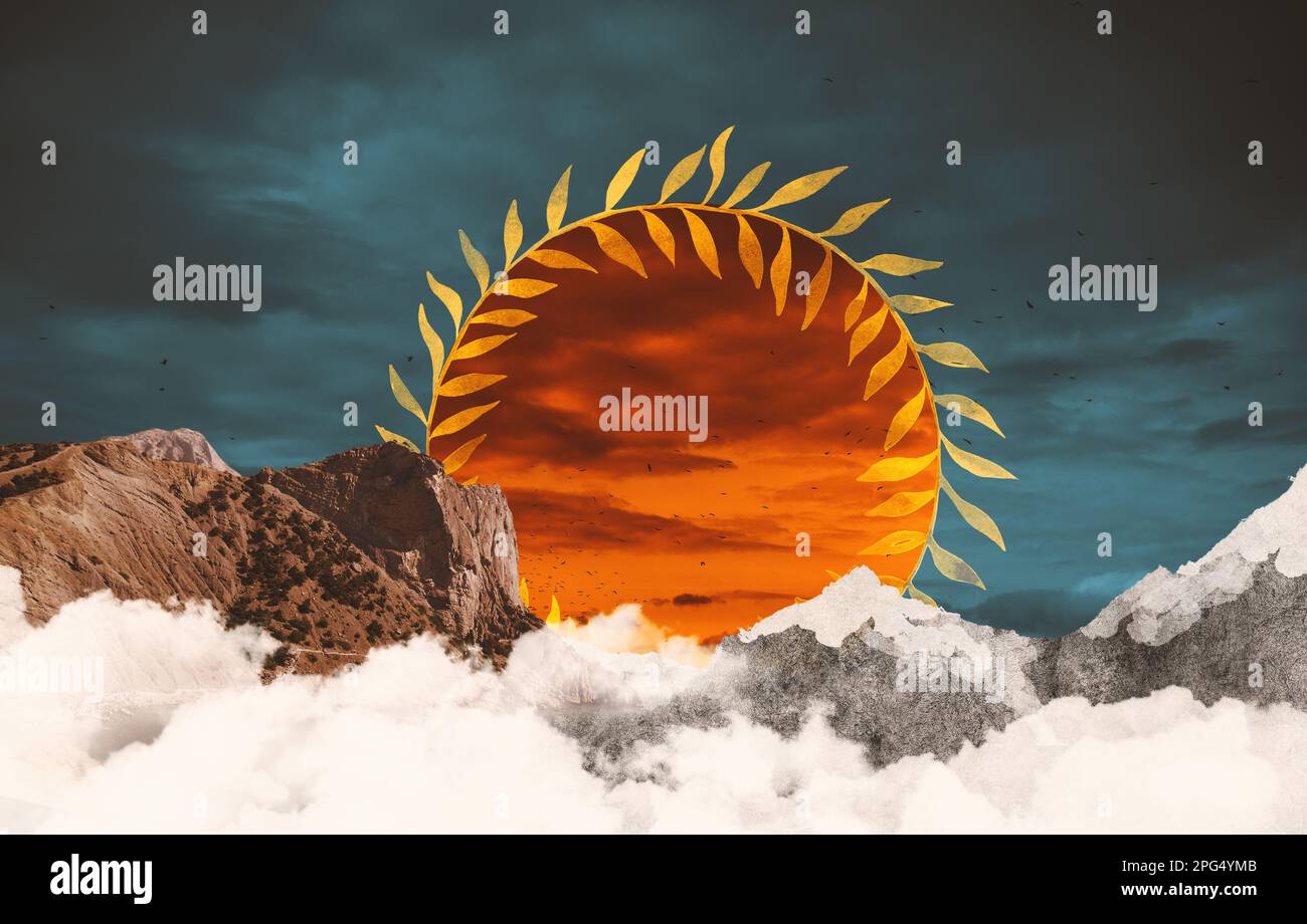 Composition surréaliste de collages faite de vieilles photos. Paysage avec des montagnes à sommets enneigés au-dessus des nuages. Coucher de soleil éclatant aux rayons floraux. Banque D'Images