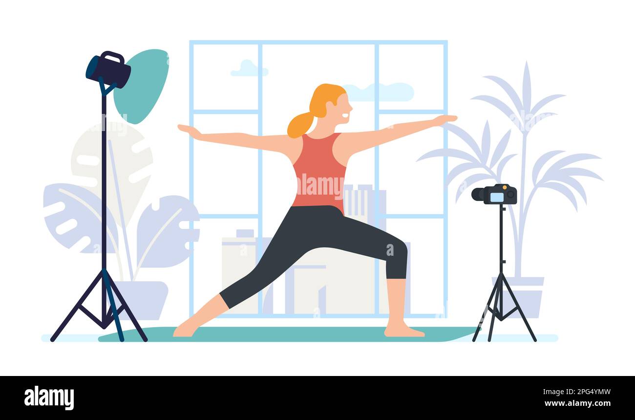 La femme pratique le yoga et enseigne à faire des exercices de remise en forme. Les femmes enregistrent des vidéos d'entraînement pour les cours en ligne. Caméra et projecteur. Fille debout Illustration de Vecteur
