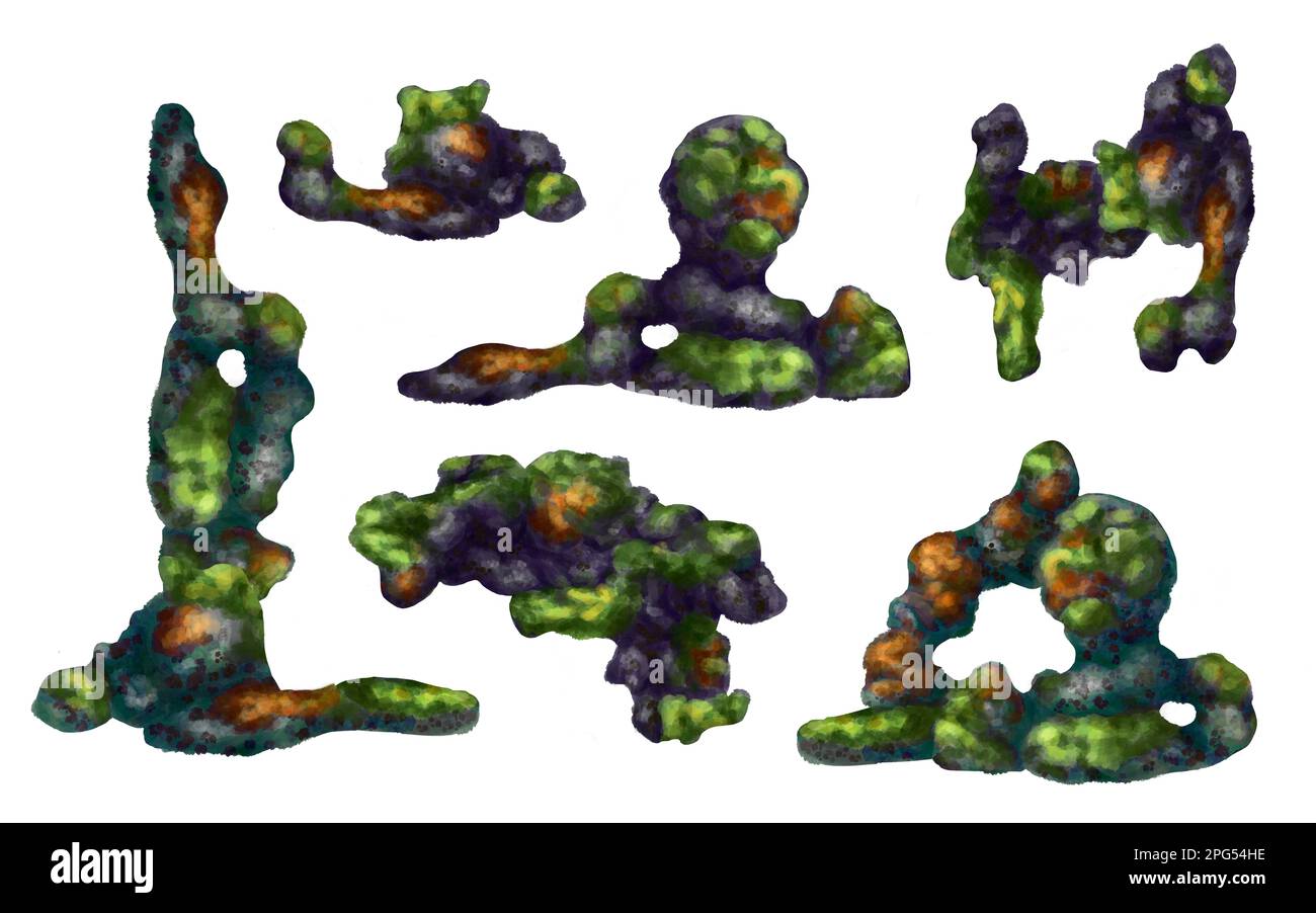 Un ensemble de rochers sous-marins avec algues vertes et corail orange. Illustration numérique sur fond blanc. Pour compositions, imprimés, autocollants, affiches. Banque D'Images