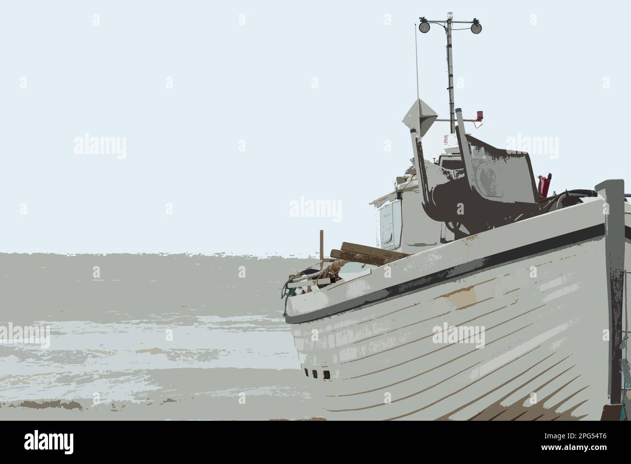 Représentation illustrative d'un petit bateau de pêche vu sur le rivage. Banque D'Images