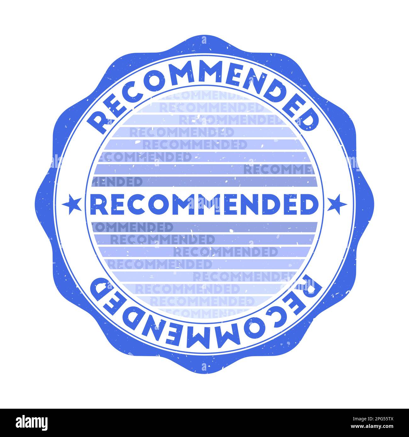 Badge recommandé. Timbre rond de mot grunge avec texture dans le thème de couleur bleu. Joint géométrique recommandé de style vintage avec rayures dégradées. Illustration de Vecteur