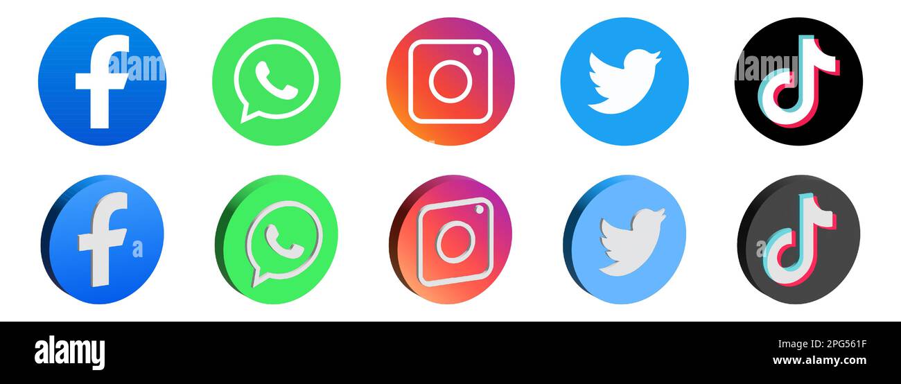 Logos des médias sociaux 3D. Facebook, whatsapp, instagram, twitter et tik tok. Illustration éditoriale vectorielle Illustration de Vecteur