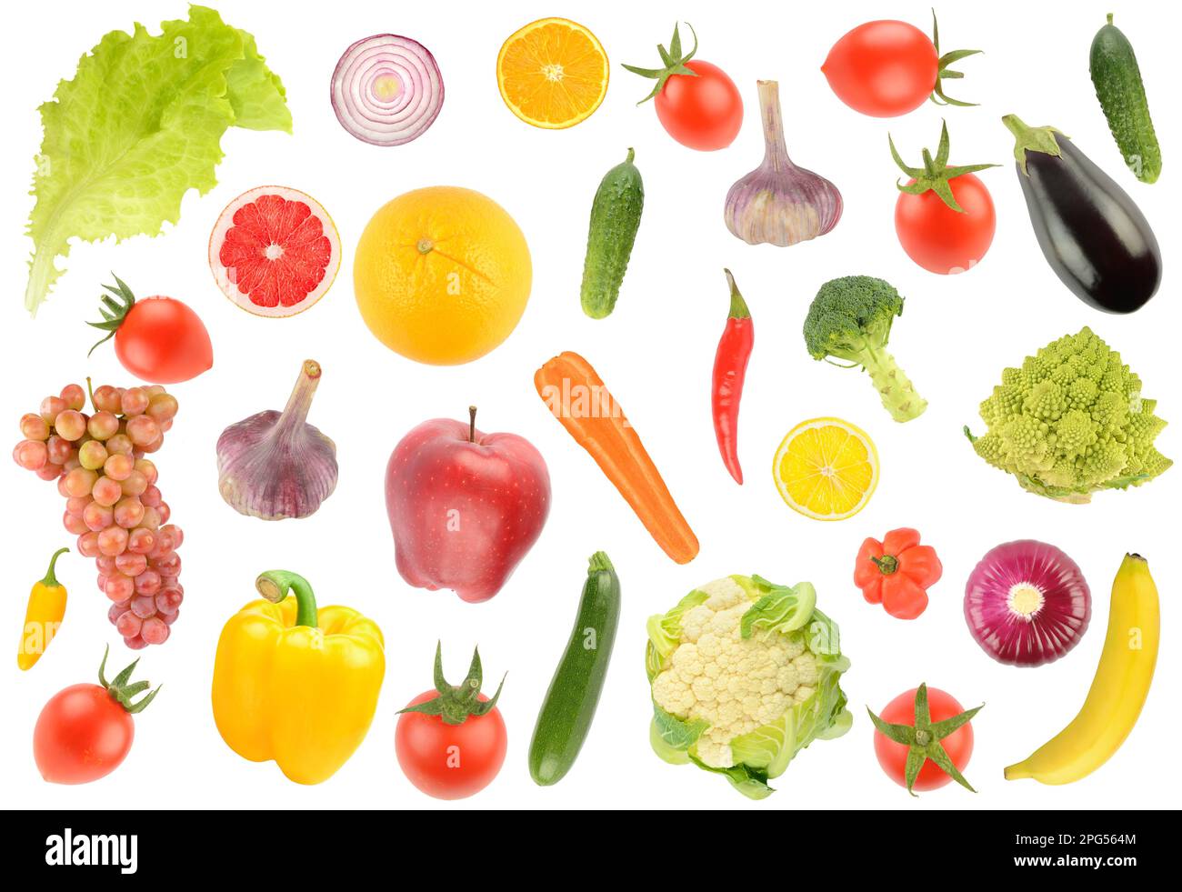 Grand motif de fruits et légumes frais isolés sur fond blanc. Banque D'Images