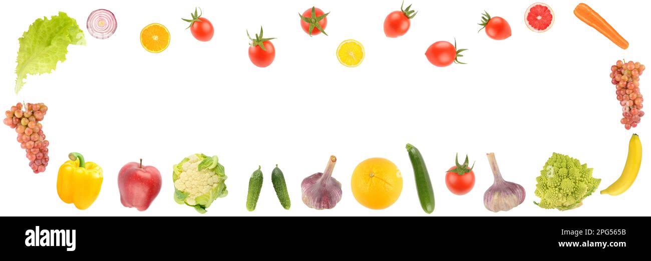 Cadre large de fruits et légumes sains isolés sur fond blanc. Banque D'Images