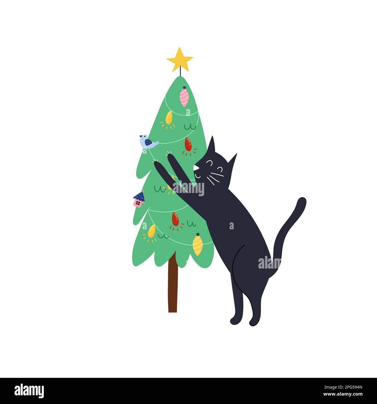 Griffes d'aiguisage de chat mignon sur l'élément isolé d'arbre de Noël Illustration de Vecteur