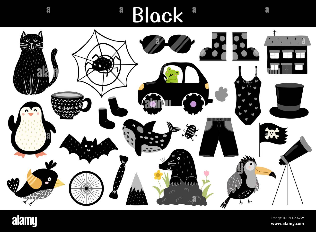 Jeu d'objets de couleur noire. Apprendre les couleurs pour les enfants. Collection Cute ELEMENTS Illustration de Vecteur