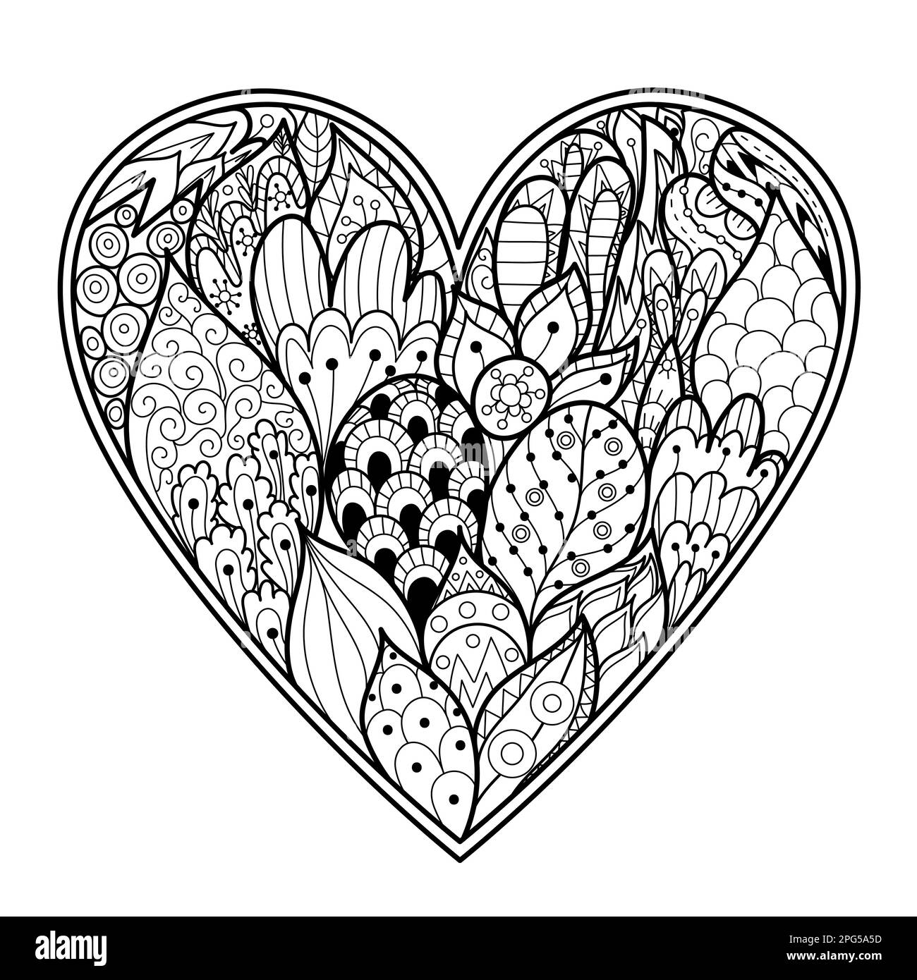 Page de coloriage Doodle Heart. Motif Saint-Valentin noir et blanc Illustration de Vecteur