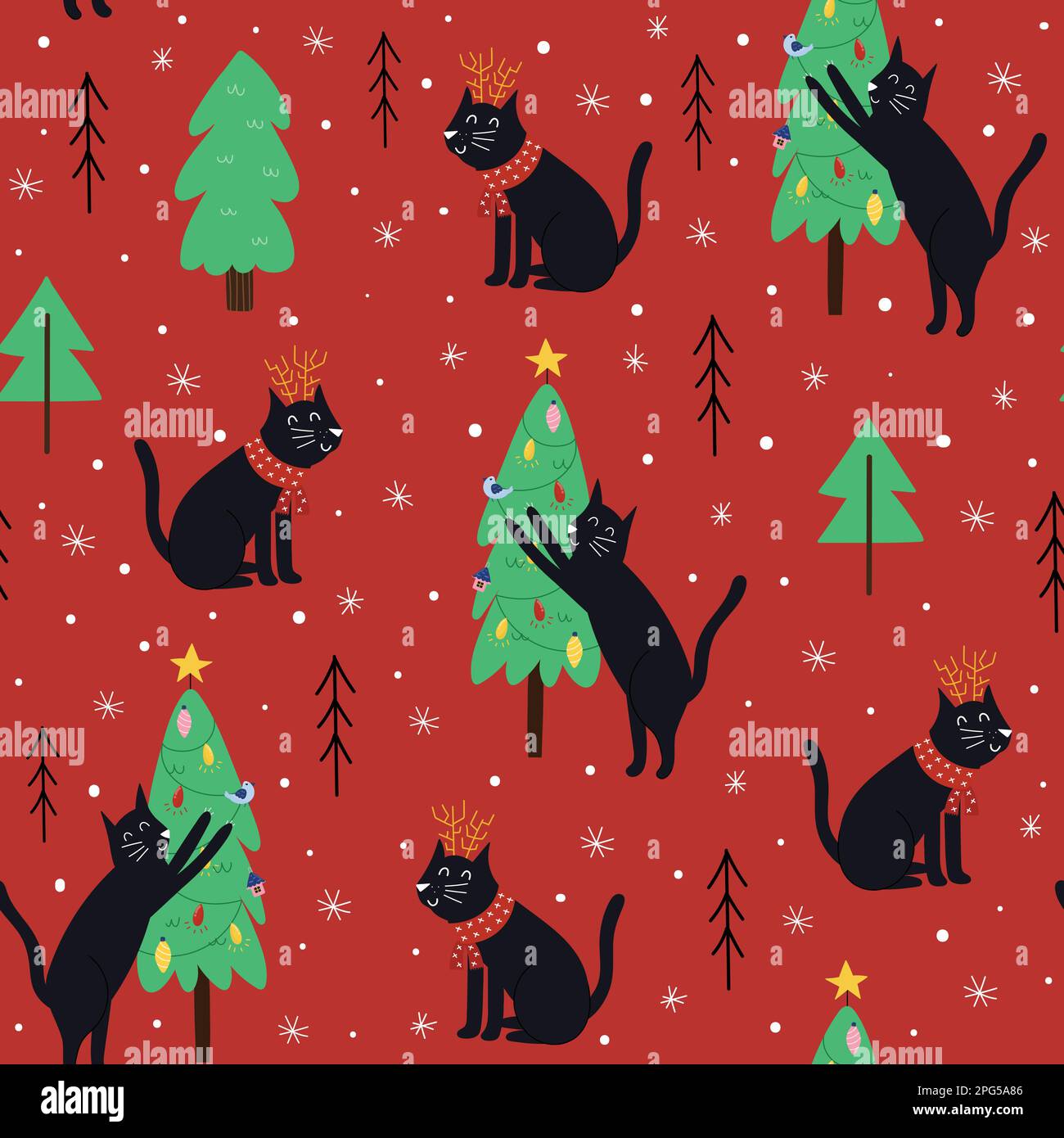 Joli motif chat et sapin de Noël sans coutures Illustration de Vecteur