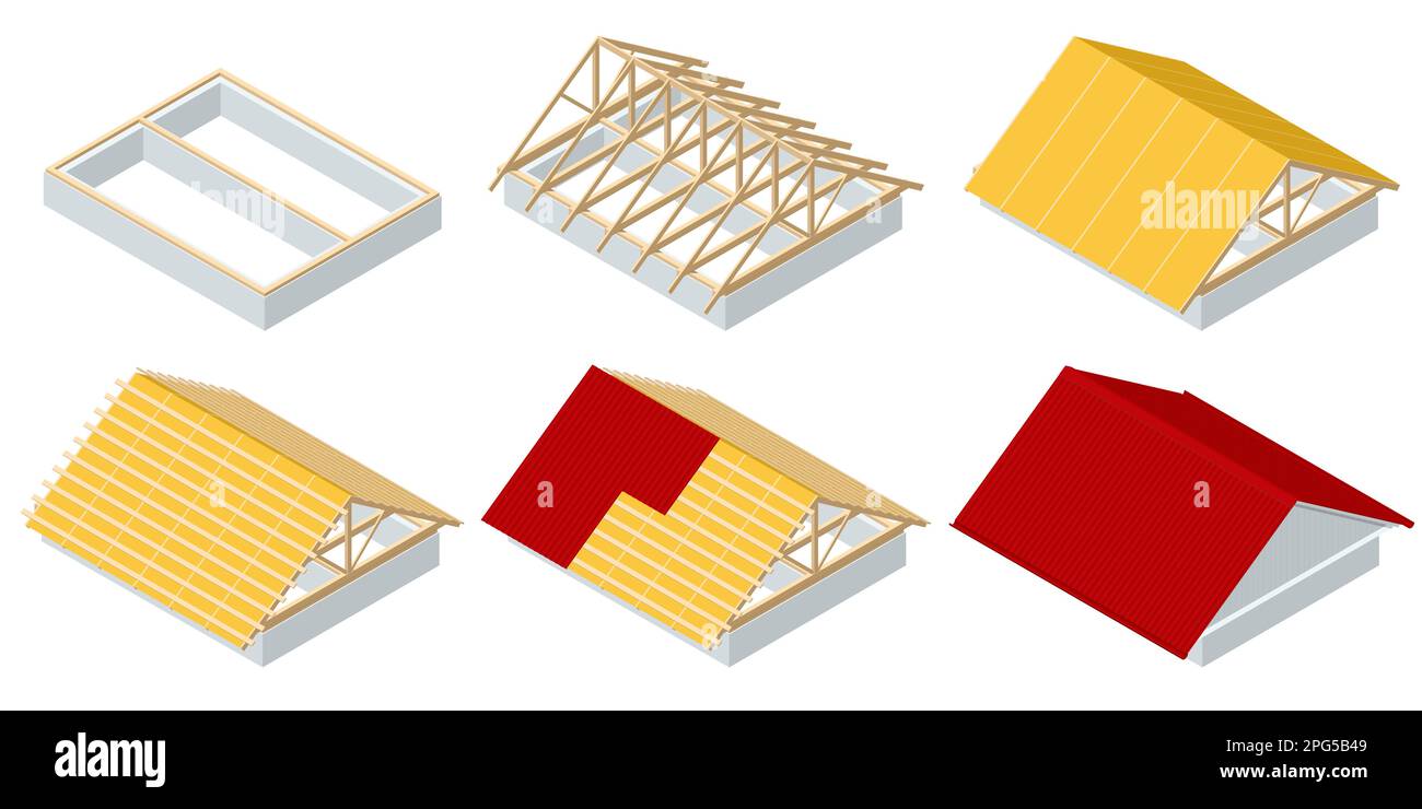 Construction de toiture isométrique. Concept de bâtiment résidentiel en construction. Maison en construction. Isolation du toit. Illustration de Vecteur