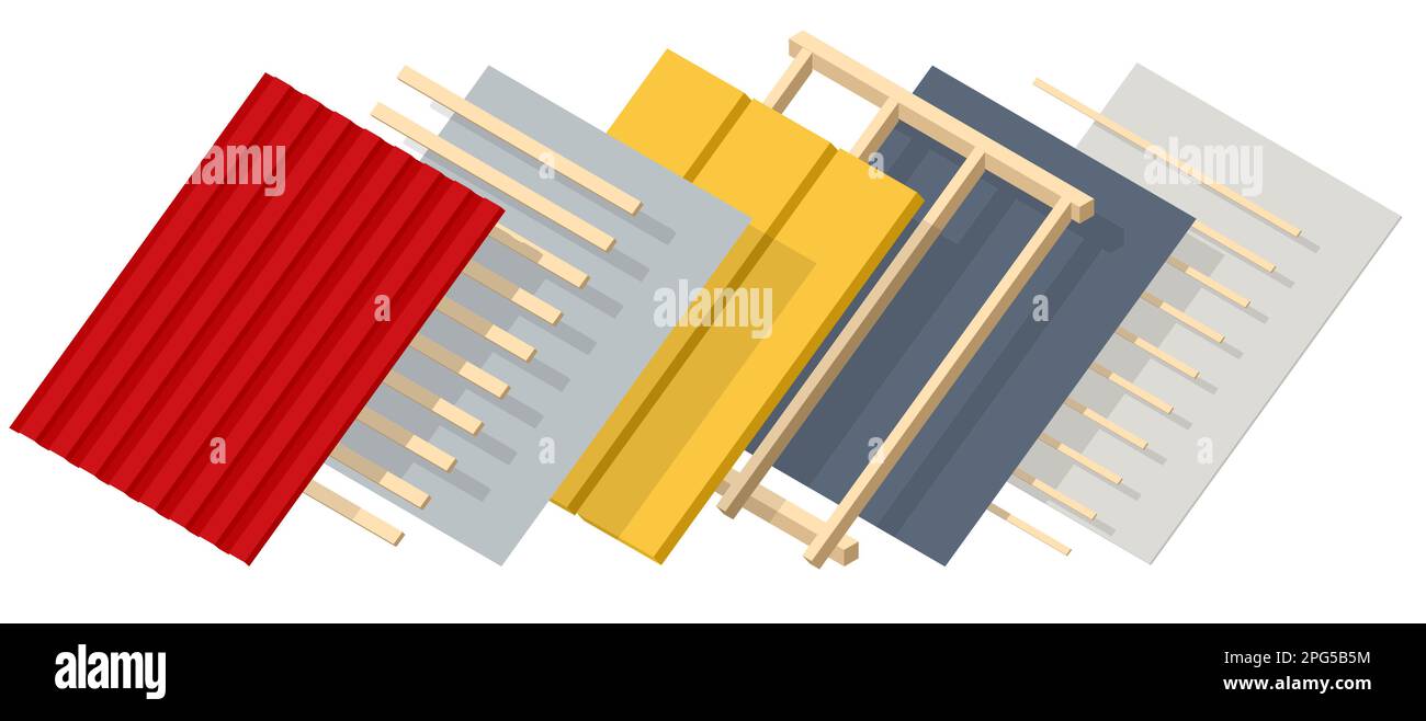 Construction de toiture isométrique. Concept de bâtiment résidentiel en construction. Maison en construction. Isolation du toit. Illustration de Vecteur