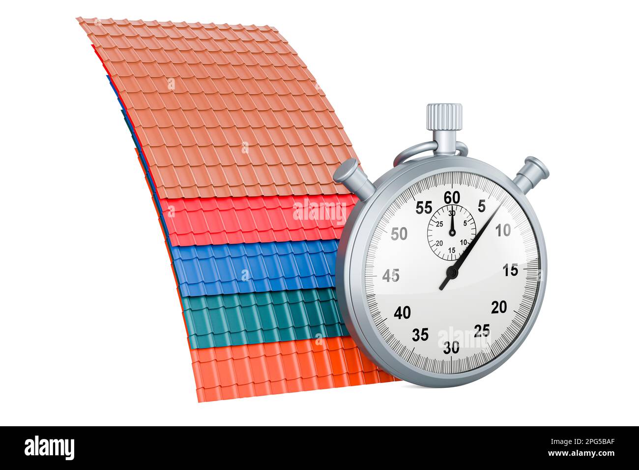 Tuiles de toit en métal de couleur avec chronomètre, rendu 3D isolé sur fond blanc Banque D'Images