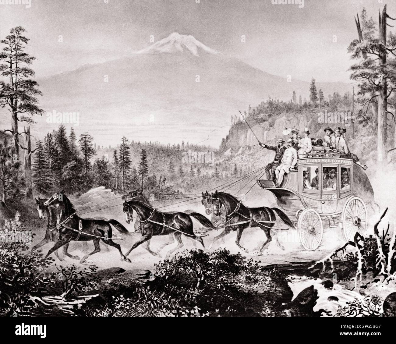 1870S STAGECOACH DE CALIFORNIE ET D'OREGON ET PASSAGERS TIRÉS PAR SIX CHEVAUX SUR LE SENTIER DE MONTAGNE PASSANT PAR MT SHASTA CALIFORNIA USA - A7964 HAR001 HARS SIX ROUES DE TRANSPORT B&W PASSANT L'AVENTURE DES MAMMIFÈRES ORIENTAL ET DIRECTION ASIAN AMERICAN CA TRAIL CONNECTION 1870S TIRÉ STAGECOACH WAGONS WHIP OU ASIAN-AMERICAN MAMMAL MT. OREGON NOIR ET BLANC CAUCASIEN ETHNICITÉ HAR001 ANCIENNE Banque D'Images