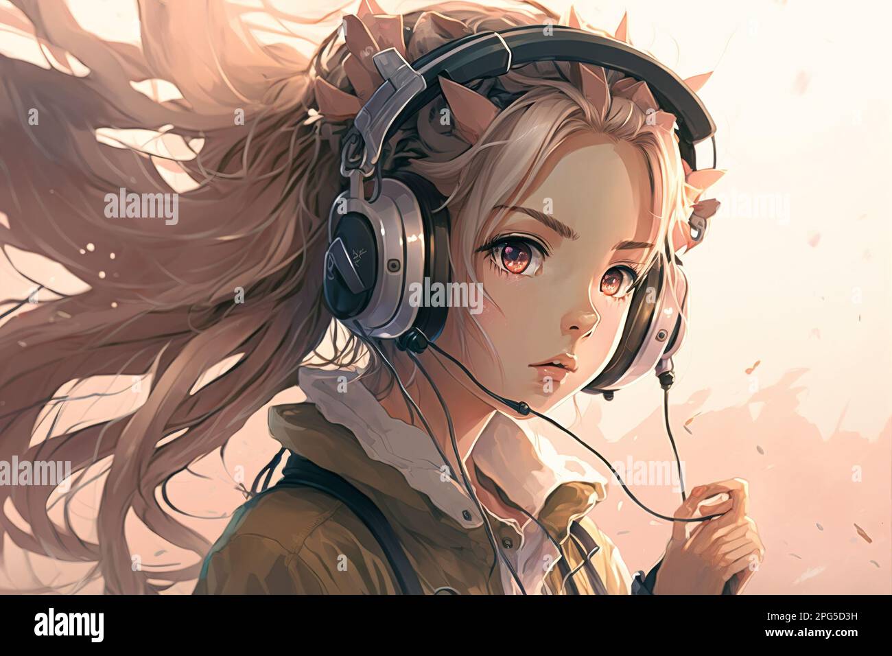 Anime fille avec casque écoute la musique, le portrait de l'adolescent,  l'illustration, l'IA générative. Jeune fille avec de grands yeux. Concept  de playlist, technologie Photo Stock - Alamy