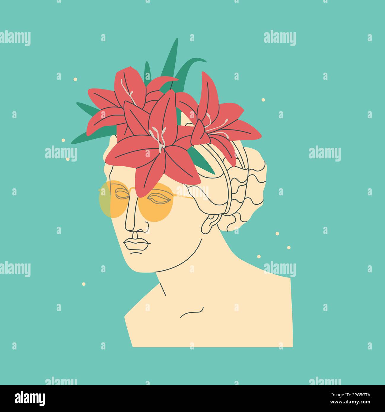 Femme déesse grecque antique décorative. Sculpture antique avec un bouquet de fleurs de lys sur sa tête et portant des lunettes de soleil. Tendance isolée de vecteur Illustration de Vecteur