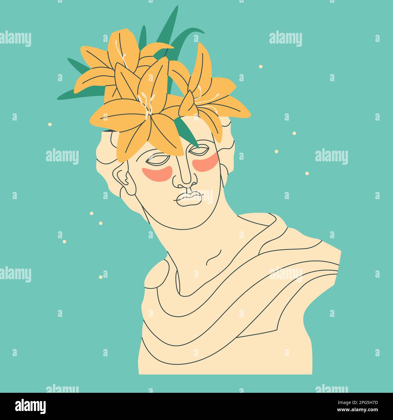 Sculpture grecque antique décorative d'Apollo. Sculpture antique avec un bouquet de lys sur la tête et des taches sous les yeux. Tendance à vecteur isolé Illustration de Vecteur