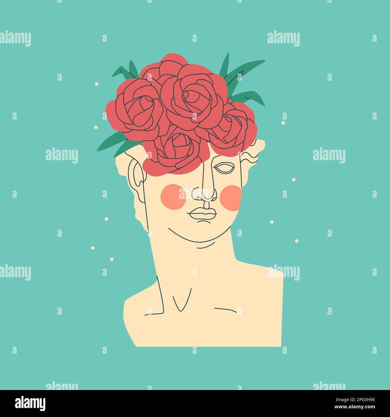 Sculpture grecque ancienne décorative de David. Sculpture antique avec un bouquet de roses sur sa tête. Illustration de la tendance à vecteur isolé. Illustration de Vecteur