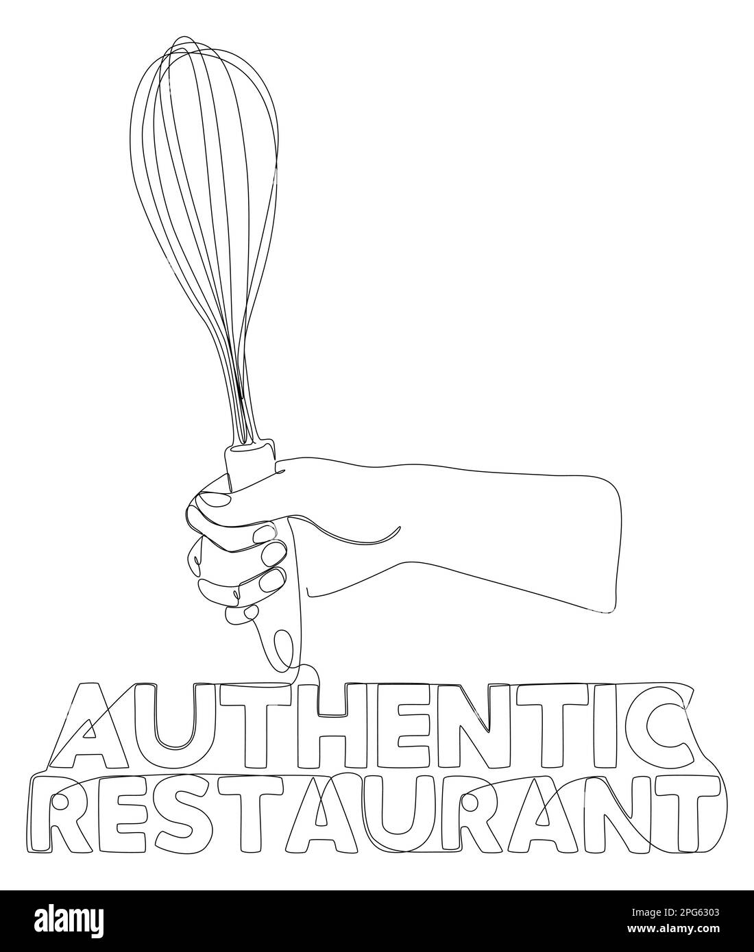 Une ligne continue de main tenant ustensile de cuisine avec texte de restaurant authentique. Concept de vecteur d'illustration à trait fin. ID Créatif du tracé de contour Illustration de Vecteur