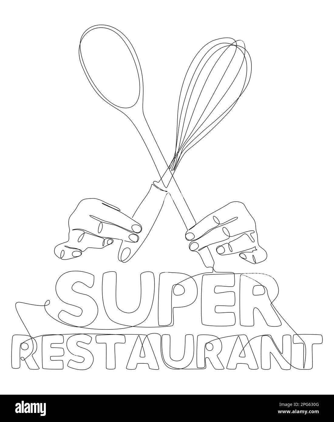 Une ligne continue d'ustensile de cuisine avec texte Super Restaurant. Concept de vecteur d'illustration à trait fin. Dessin de contour idées créatives. Illustration de Vecteur