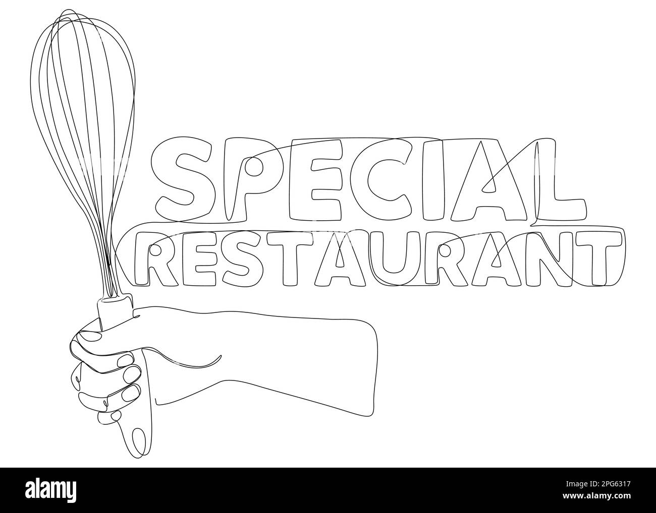 Une ligne continue d'ustensile de cuisine tenant la main avec texte spécial du restaurant. Concept de vecteur d'illustration à trait fin. Dessin de contour idée créative Illustration de Vecteur