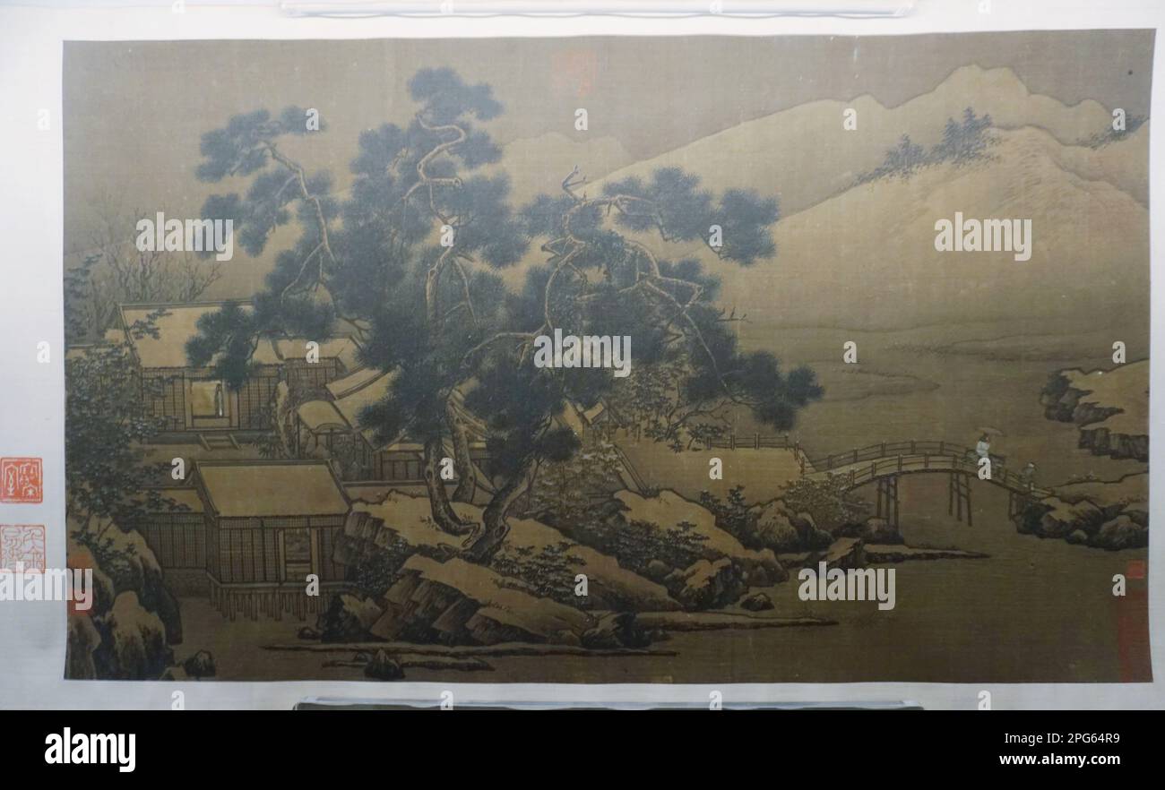 HANGZHOU, CHINE - 21 MARS 2023 - 'quatre paysages montagnes et eau : hiver' par Liu Songnian de la dynastie des Song du Sud, capturé au Musée d'Art Banque D'Images