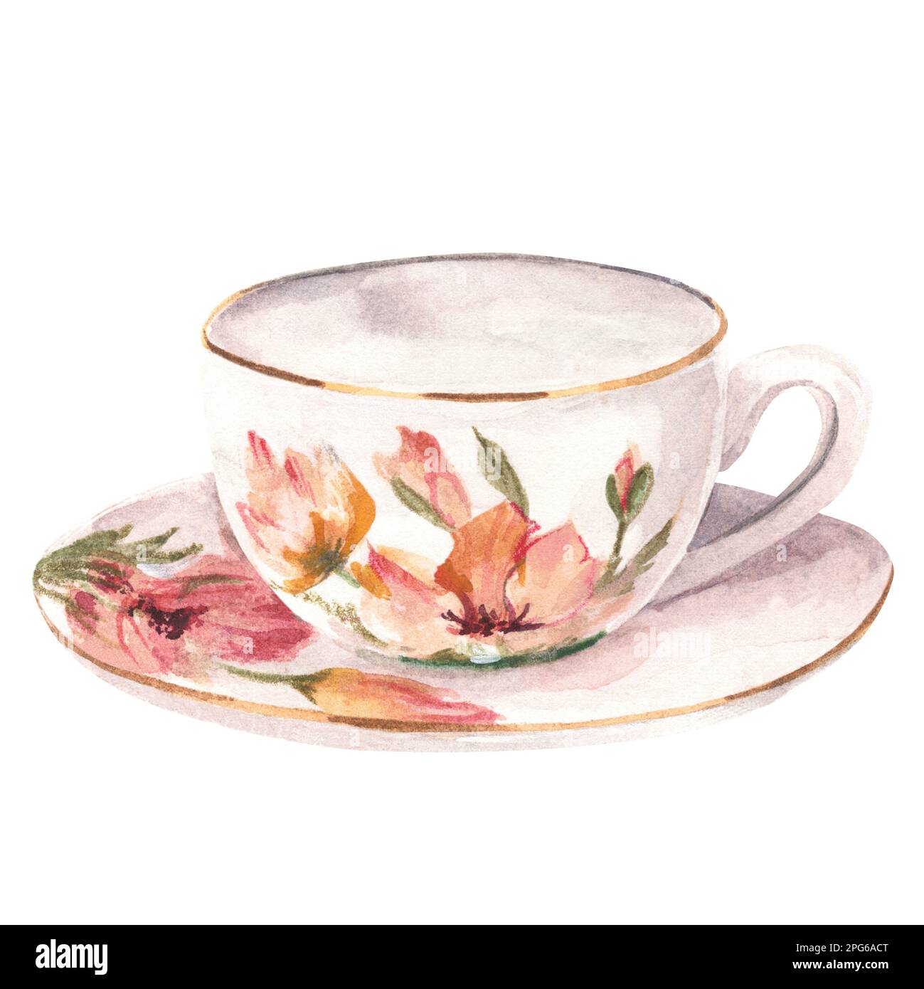 Tasse et soucoupe avec fleurs sur fond blanc. illustration aquarelle Banque D'Images