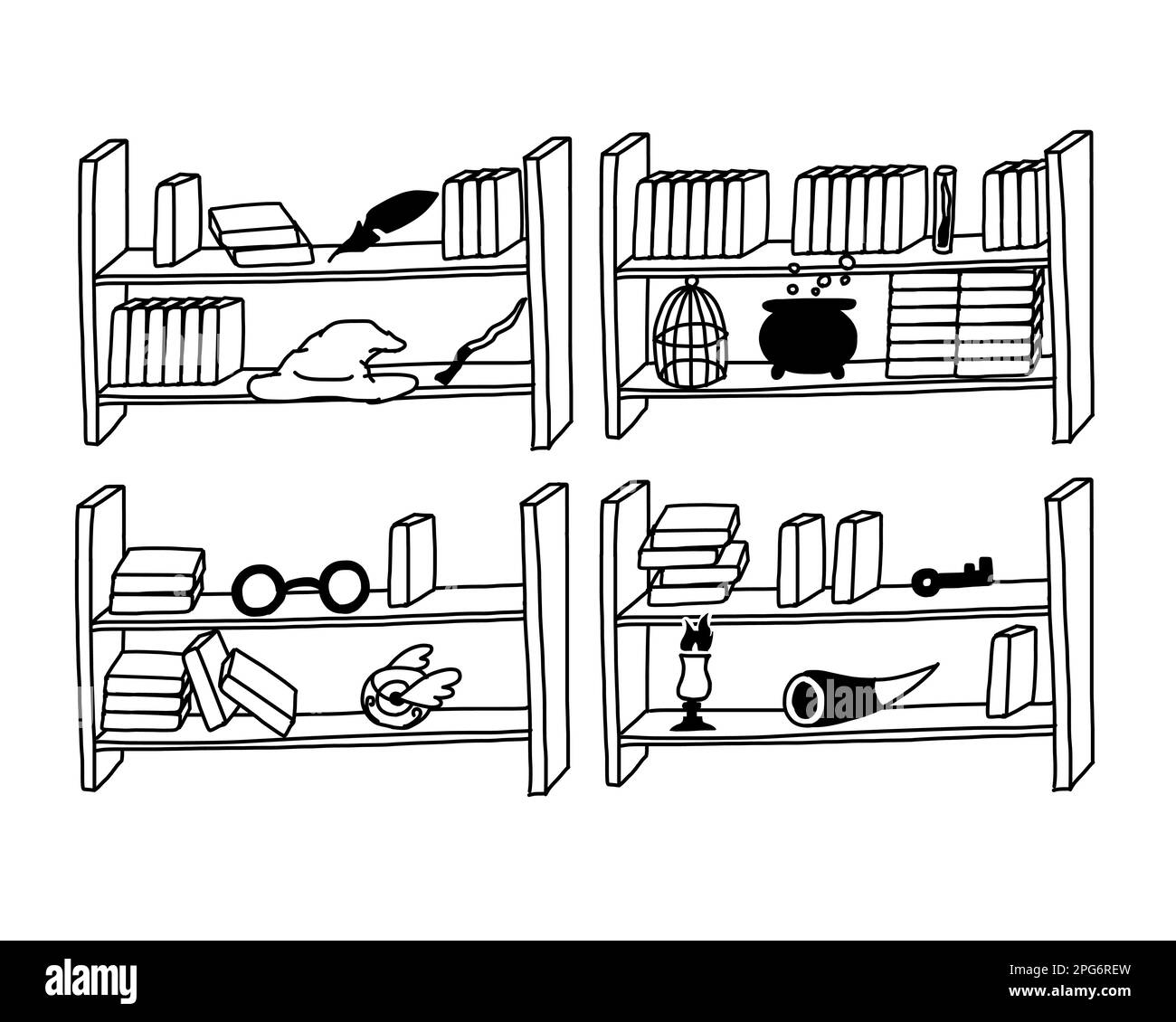Étagères avec livres magiques dans le style de la caniche de contour. Illustration vectorielle isolée sur fond blanc. Illustration de Vecteur