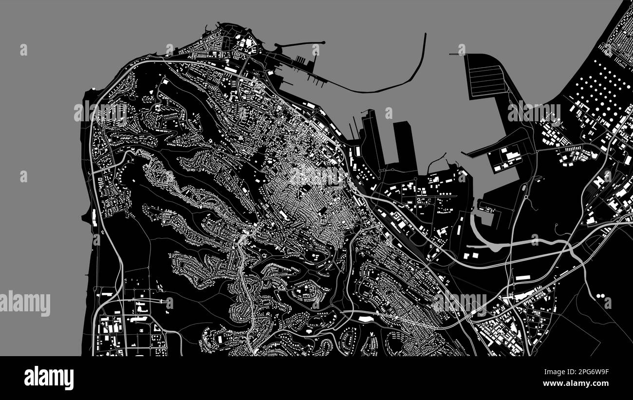Carte d'arrière-plan vectorielle de la région de Haïfa gris noir, illustration des routes et de la cartographie de l'eau d'Haïfa. Format écran large, feuille de route de la conception numérique à plat. Illustration de Vecteur
