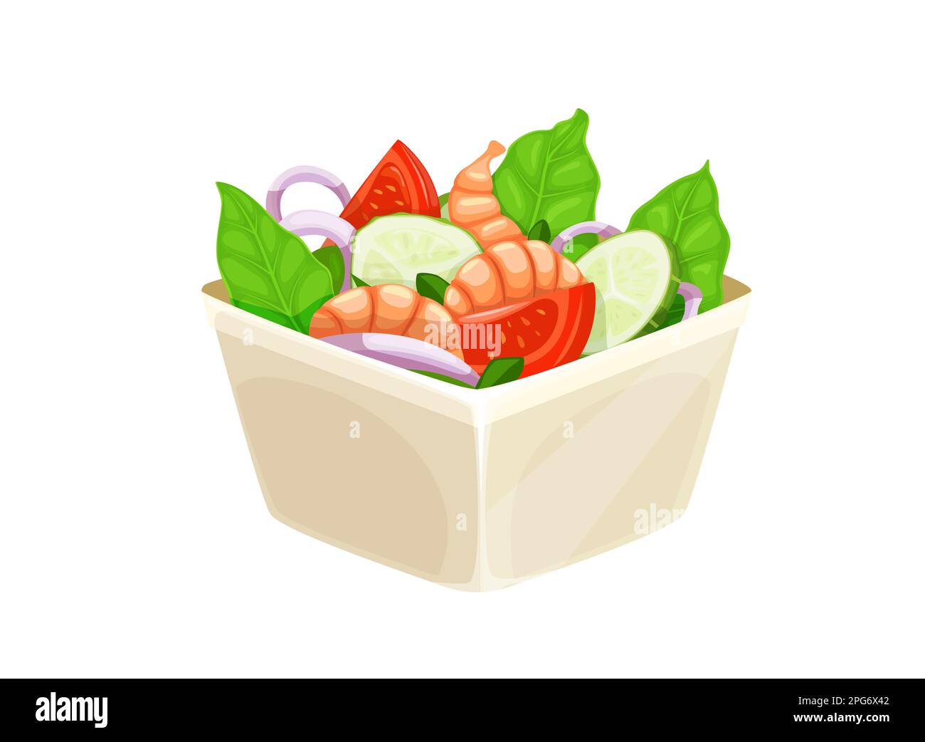 Salade de dessins animés avec crevettes, bol carré vectoriel isolé avec légumes frais et fruits de mer. Délicieux plat avec crevettes, laitue fraîche, oignons, tomates Illustration de Vecteur