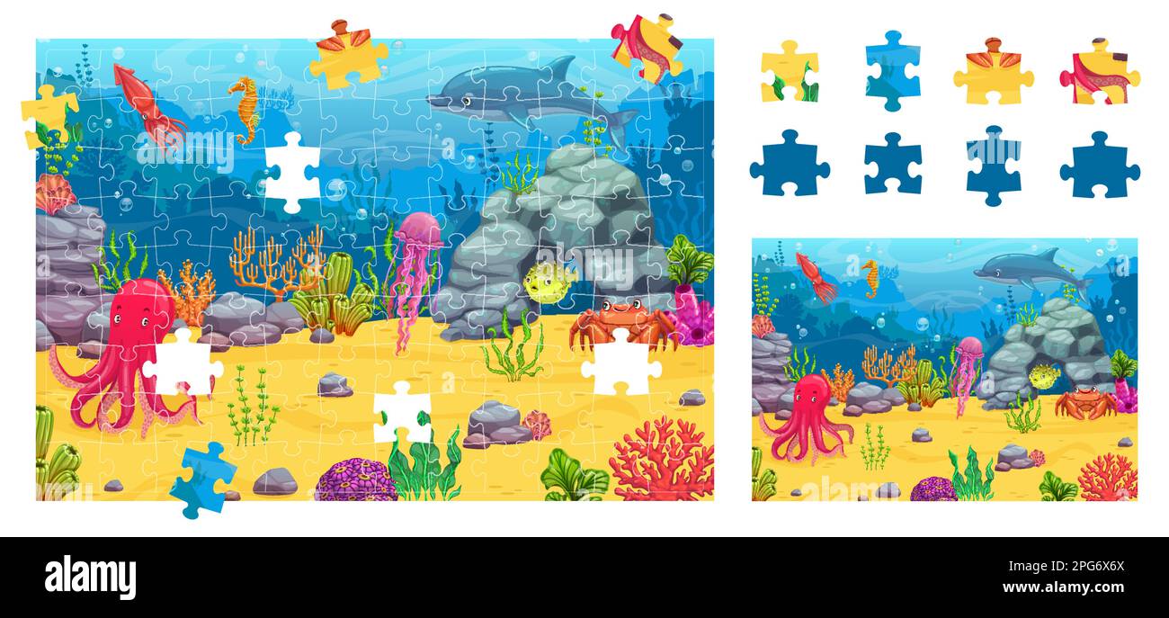Pièces de puzzle, paysage sous-marin. Pieuvre vectorielle, méduse, crabe, dauphin et calmar, cheval de mer, puffer poisson et crabe au fond de mer avec Illustration de Vecteur