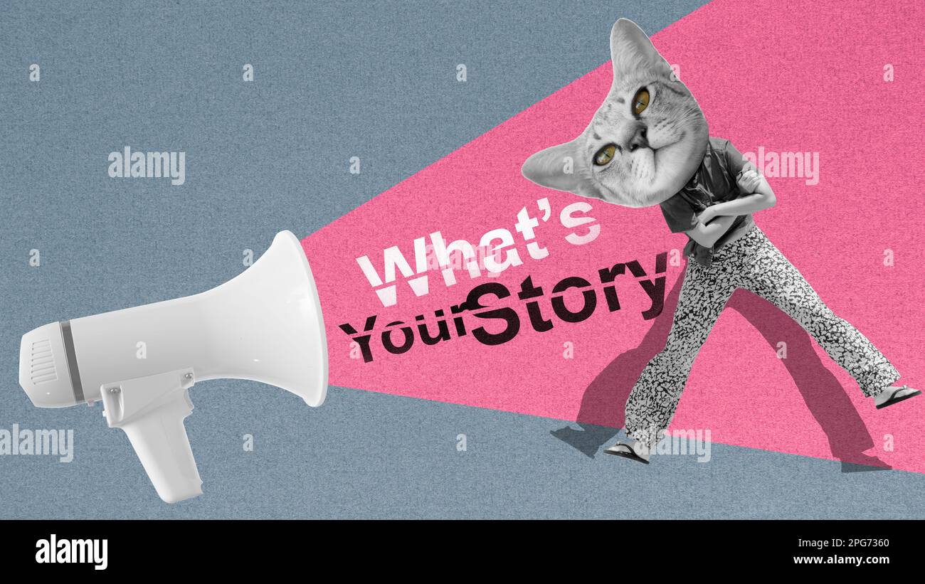 quelle est votre histoire, titre de texte et femme de chat. concept de narration dans l'industrie cinématographique ou le marketing numérique. Collage d'art abstrait. Banque D'Images