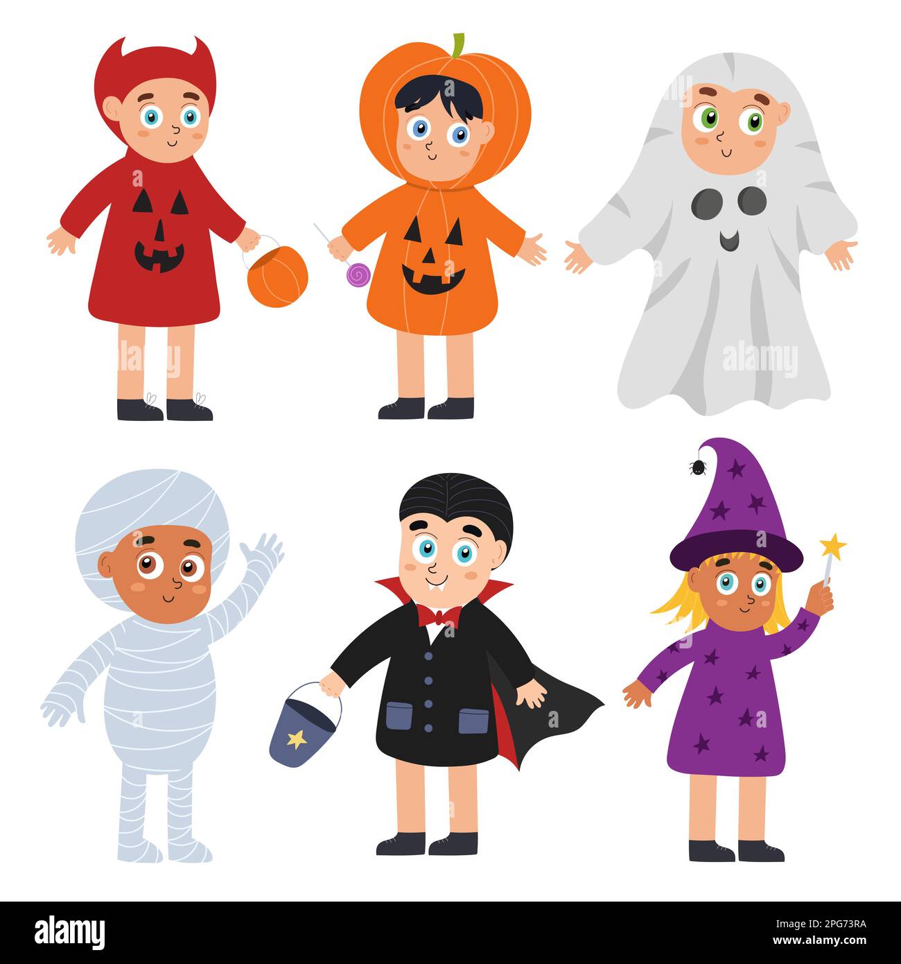 Ensemble mignon Halloween pour enfants. Garçons et filles portant des costumes de diable, sorcière, citrouille, vampire et momie Illustration de Vecteur