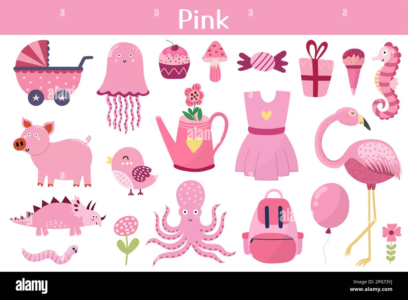 Jeu d'objets de couleur rose. Apprendre les couleurs pour les enfants. Collection Cute ELEMENTS Illustration de Vecteur