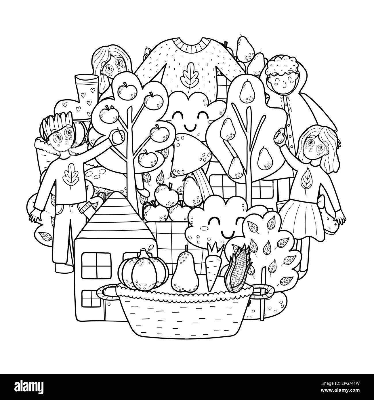 Motif de forme de cercle d'automne. Page de coloriage de mandala d'automne. Impression noir et blanc Illustration de Vecteur