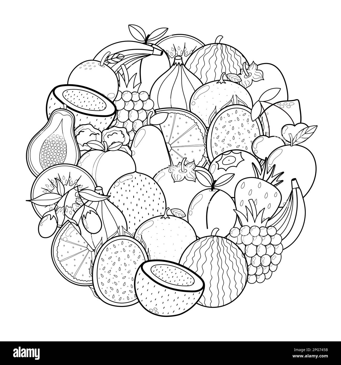 Motif en forme de cercle de fruits Doodle pour livre de coloriage. Page de coloriage de mandala alimentaire Illustration de Vecteur