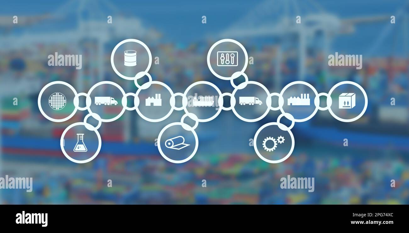 Graphique en tant qu'image de symbole pour une chaîne d'approvisionnement avec des icônes et une photo d'un port de conteneur en arrière-plan. Peut être utilisé comme en-tête. Banque D'Images