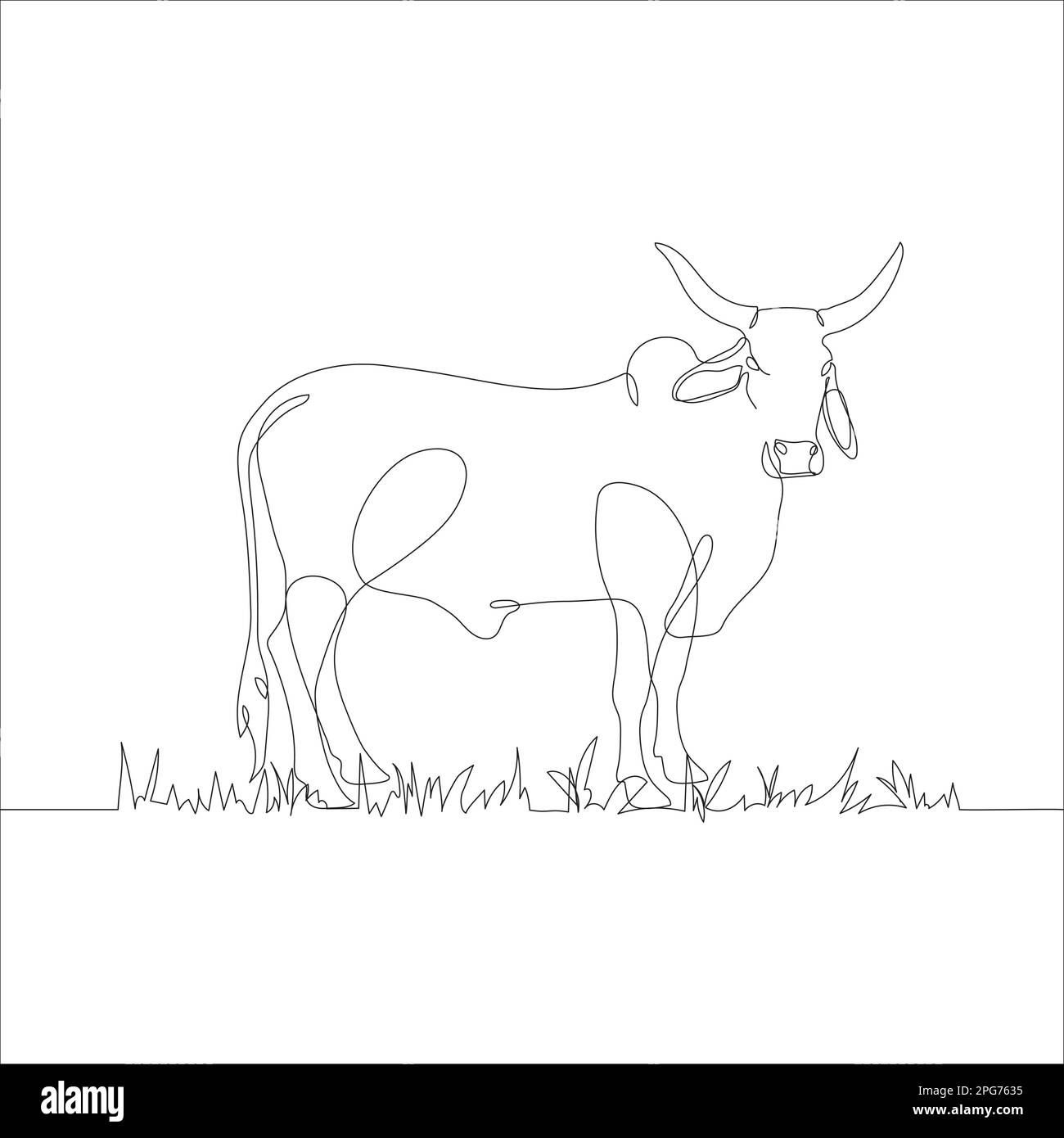 Vache avec herbe en ligne continue style dessin. Dessin continu de bétail avec herbe. Vache en icône linéaire abstraite et minimaliste. Illustration de Vecteur