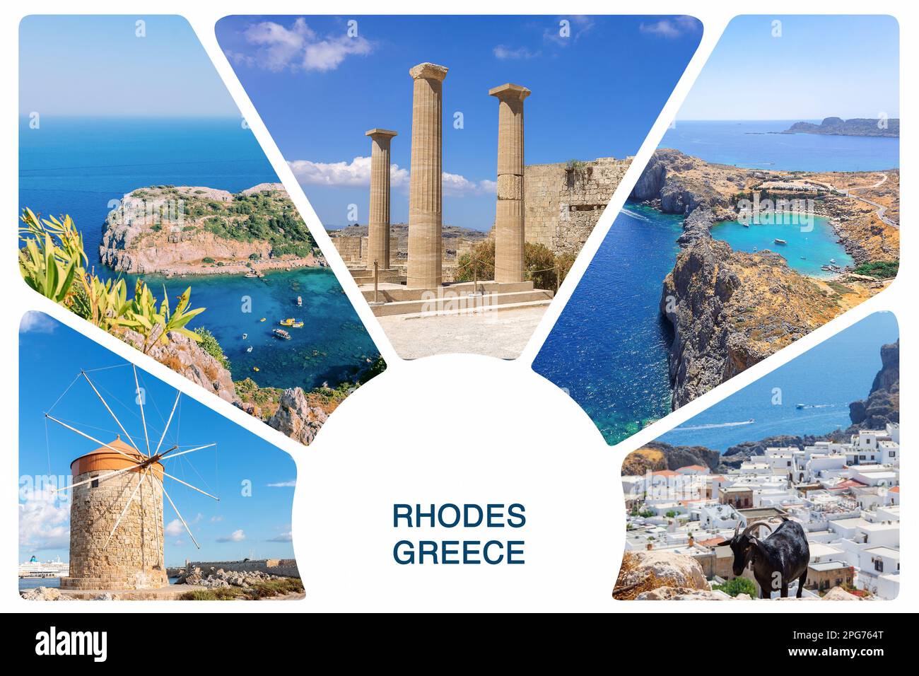 Collage de photos de Rhodes, Grèce. Vue sur le collage de photos depuis Rhodes, Grèce. Vue sur le magnifique paysage, les ruines antiques, la mer avec des voiliers et le littoral de l'île de Rhodes en mer Egée. Banque D'Images