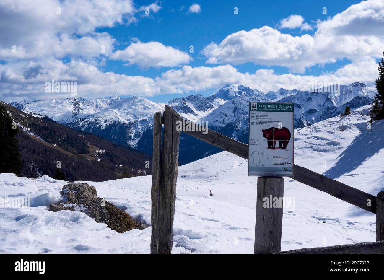 Une affiche d'identification d'ours du WWF avec vue sur le Val Müstair et les montagnes vers la frontière italienne, Suisse Banque D'Images