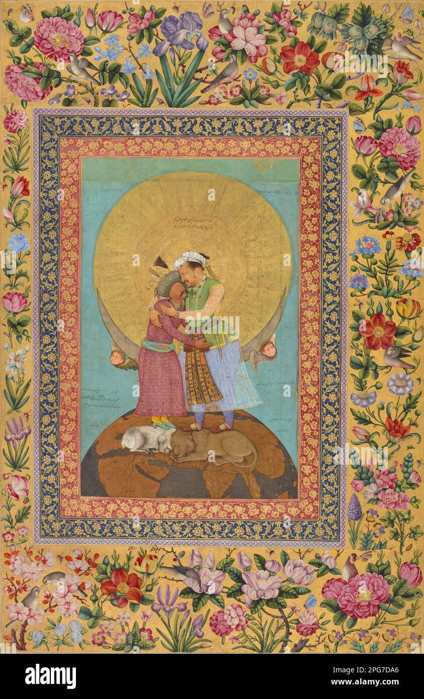 Inde / Iran / Perse : l'empereur Jahangir de l'Inde (à droite) et Shah Abbas de Perse embrassent dans une représentation symbolique de l'amitié entre les empires moghol et safavide. Aquarelle peinte par Abu al-Hasan (1589 - c. 1630), c. 1610s. Jahangir (20 septembre 1569 - 8 novembre 1627) fut le souverain de l'Empire moghol de 1605 jusqu'à sa mort en 1627. Shāh «Abbās le Grand (27 janvier 1571 - 19 janvier 1629) était Shah (roi) d'Iran, et généralement considéré comme le plus grand dirigeant de la dynastie Safavide. Banque D'Images