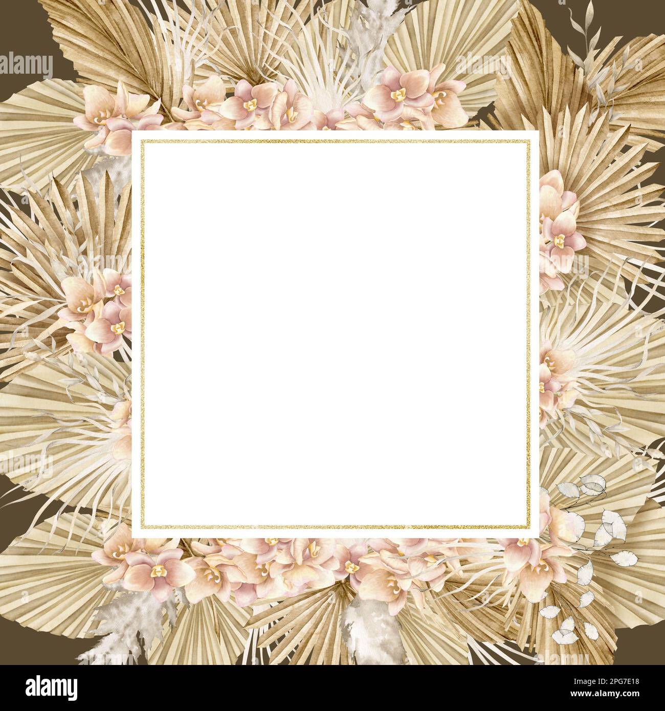 Cadre fleuri avec feuilles de palmier sèches et fleurs d'orchidées de style boho. Modèle carré pour cartes de vœux ou invitations de mariage. Illustration d'aquarelle exotique de Bohème dessinée à la main avec une texture dorée. Banque D'Images