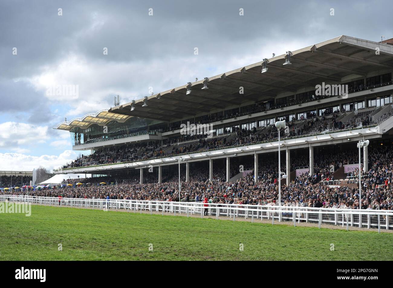 Stand principal plein de punters, la foule désireux de la course à commencer avant la première course 1,30 l'obstacle JCB Triumph. Courses hippiques à Cheltenham Banque D'Images