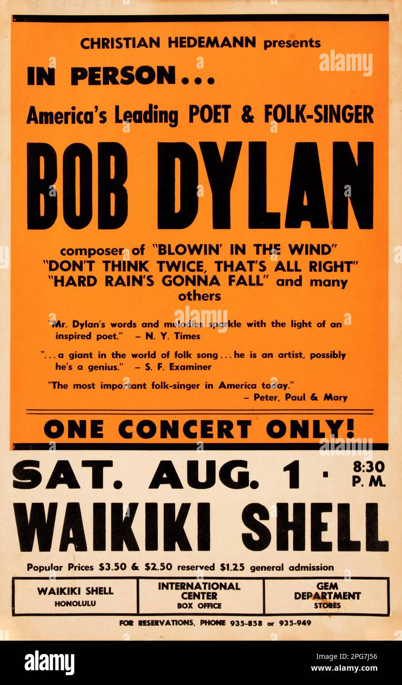 Le poète et chanteur folklorique Bob Dylan 1964 Waikiki Shell Honolulu, Hawaii concert Poster Banque D'Images