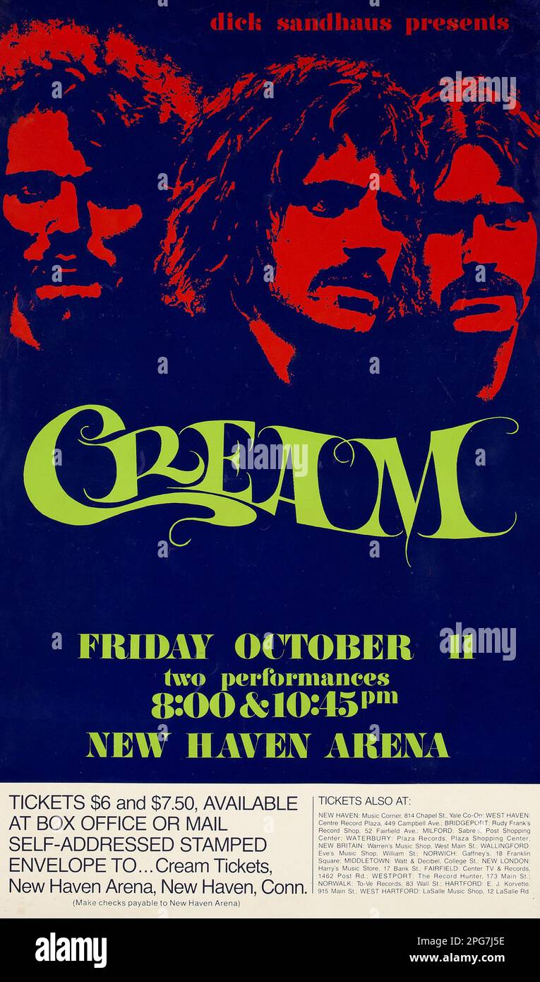 Affiche de concert de la crème, New Haven Arena Connecticut, octobre 11 1968. Cream était Eric Clapton, Jack Bruce et Ginger Baker Banque D'Images