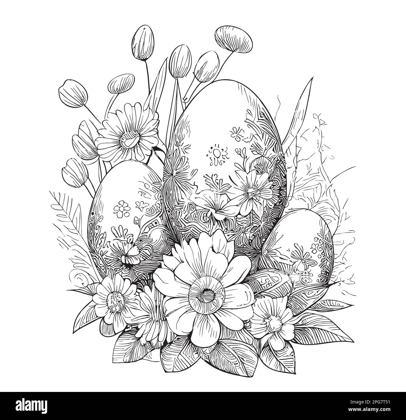 Œufs avec fleurs croquis dessiné à la main dans le style Doodle illustration Pâques Illustration de Vecteur
