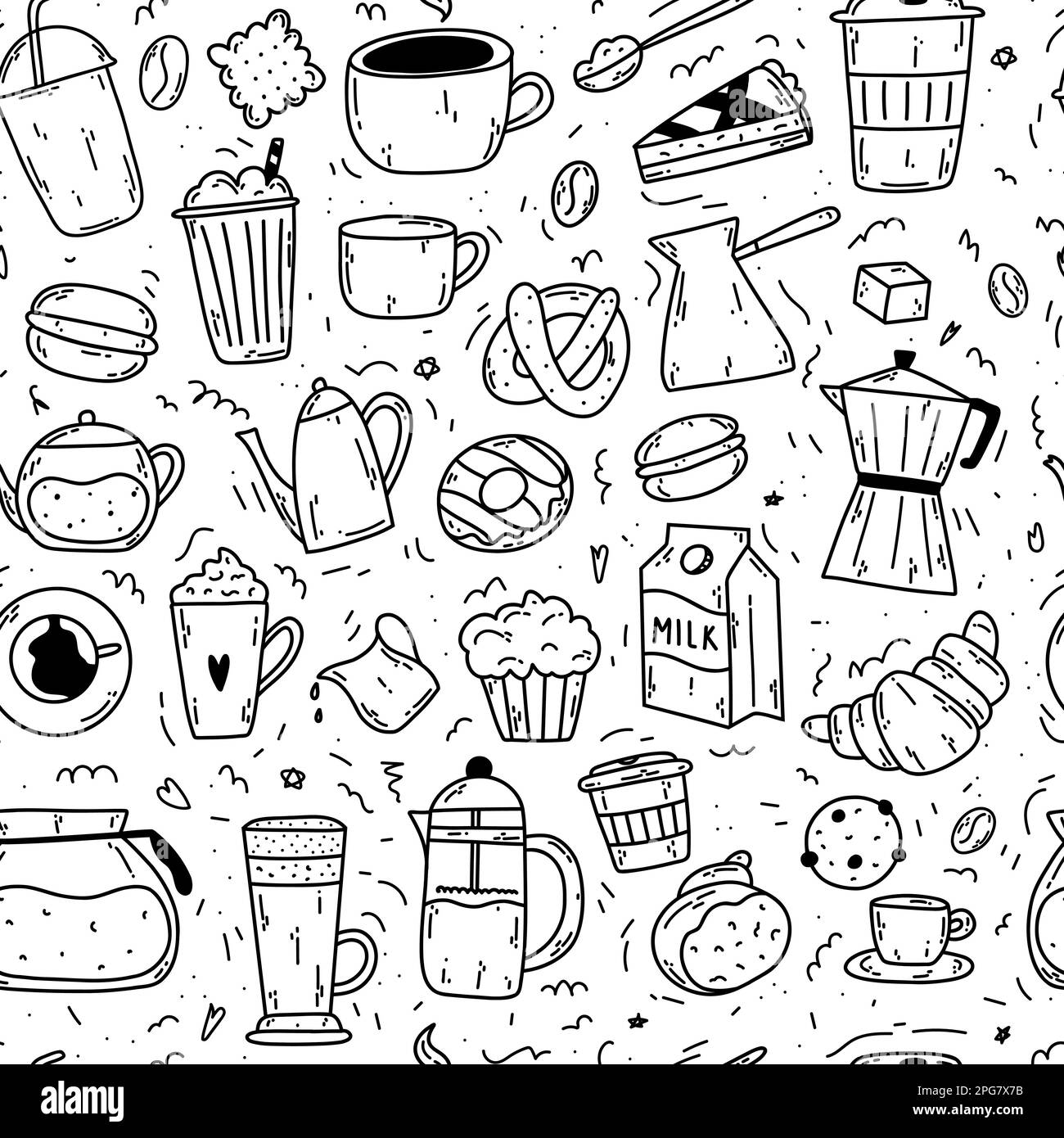 Motif sans couture avec des produits à café en forme de cafetières, tasses, pâtisseries, lait, biscuits, croissant, beignet, macaron pour papier d'emballage, textile, imprimé Illustration de Vecteur