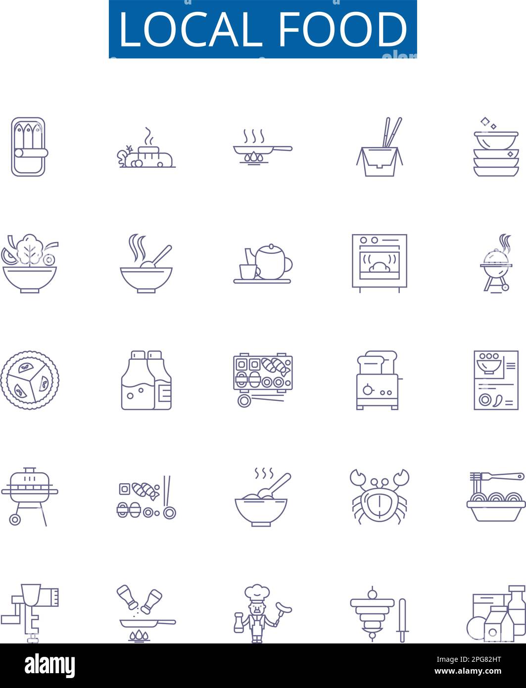 Mise en place des affiches des icônes de la ligne alimentaire locale. Collection design de cuisine, région, frais, traditionnel, produits, Fournisseurs, fermes, petits restaurants présentent un vecteur de concept Illustration de Vecteur