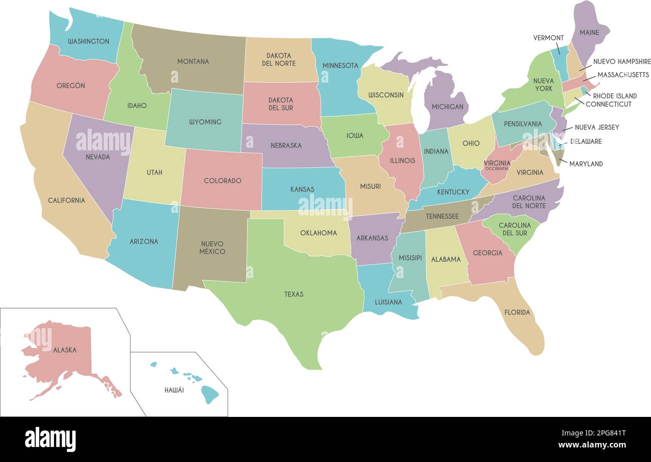USA Illustration vectorielle de la carte isolée sur fond blanc avec des noms de pays en espagnol. Calques modifiables et clairement étiquetés. Illustration de Vecteur